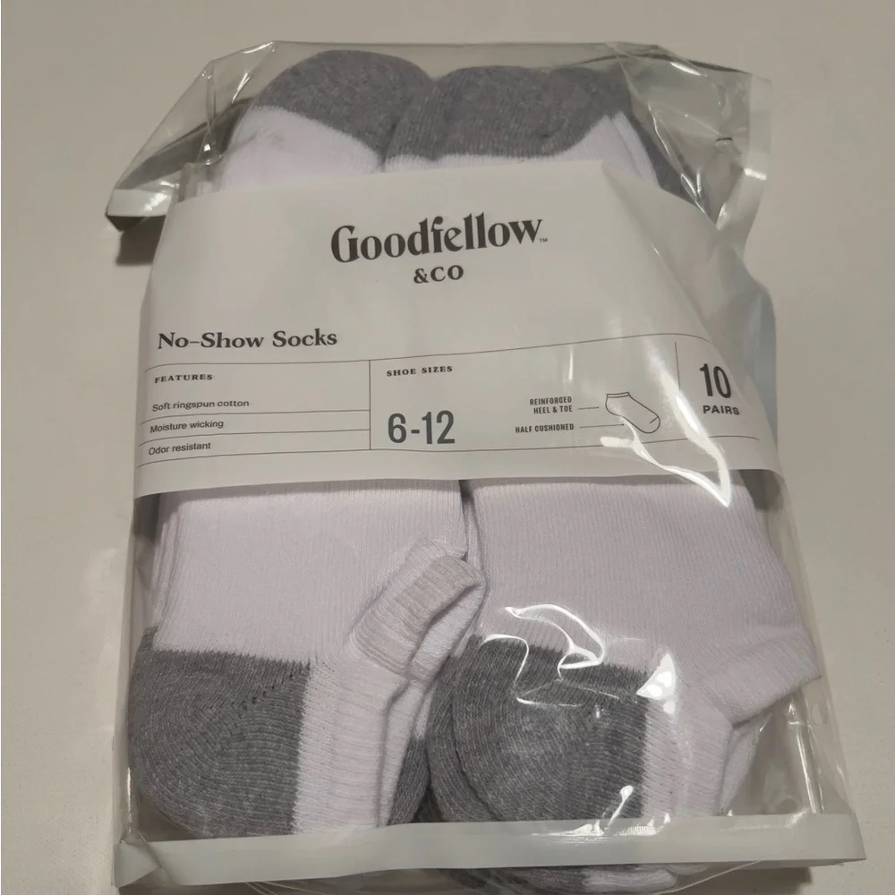 NWT Goodfellow & Co Men’s NO SHOW Socks White 6-12 Cushioned Wicking 10 PAIRS